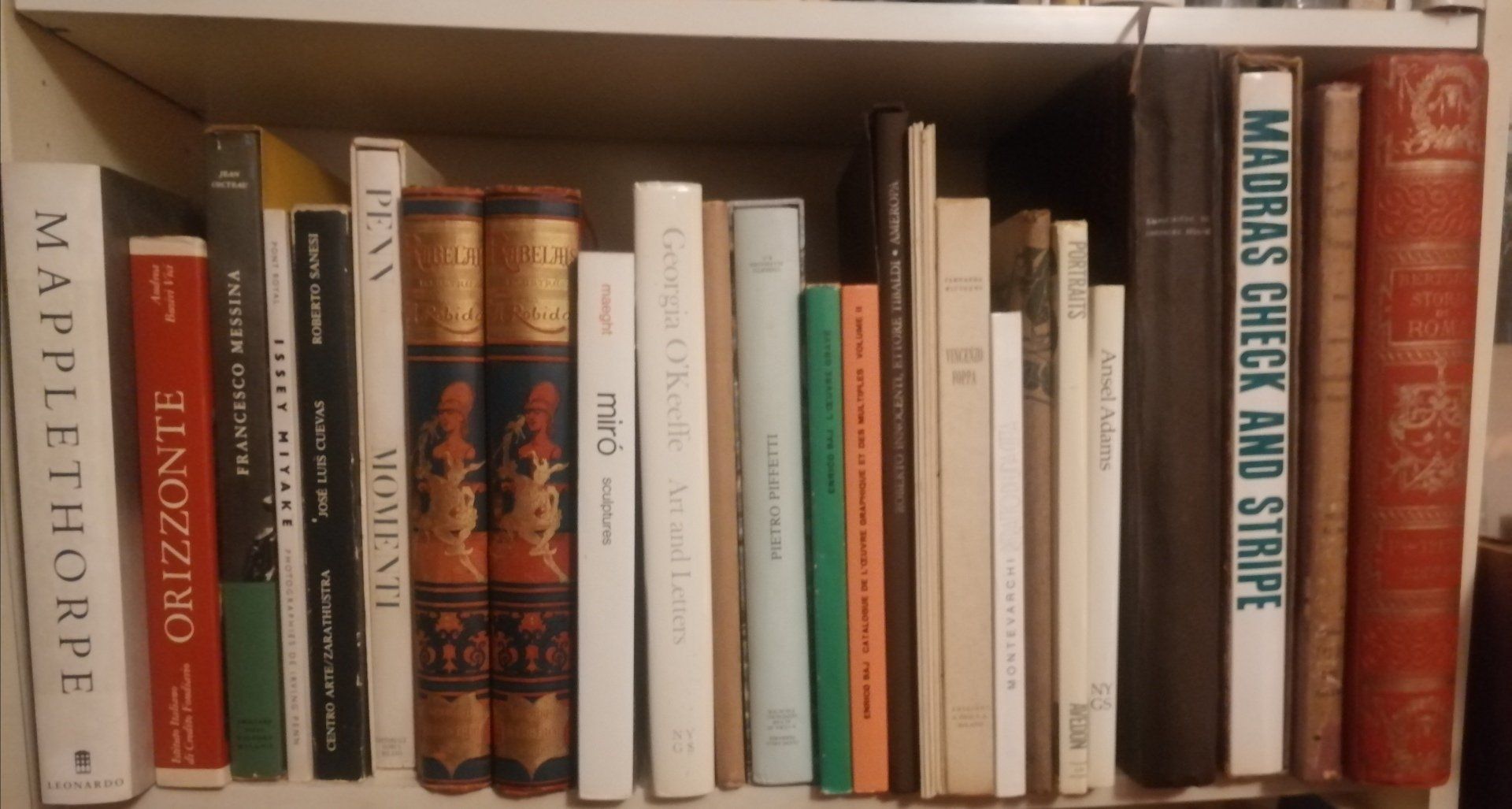 Books arranged upright on a shelf, with mixed spine colors and titles, mostly white and brown.