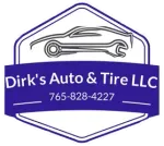 Dirk's Auto & Tire LLC logo in purple and white with a car and wrench, phone number 765-828-4227