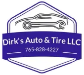 Dirk's Auto & Tire LLC logo in purple and white with a car and wrench, phone number 765-828-4227