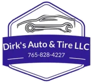Dirk's Auto & Tire LLC logo in purple and white with a car and wrench, phone number 765-828-4227