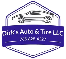 Dirk's Auto & Tire LLC logo in purple and white with a car and wrench, phone number 765-828-4227