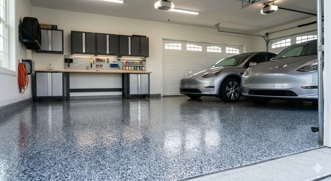 A clean garage with a speckled epoxy floor, built-in storage cabinets, a workbench, and two silver cars parked inside.