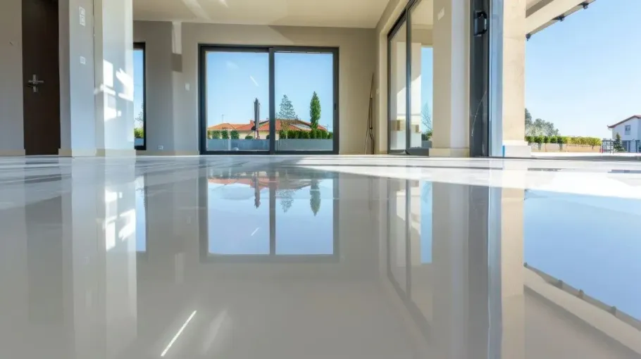 A bright, modern interior room with a smooth, glossy grey polished concrete floor reflecting the exterior view.