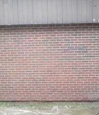 Brick wall beneath gray siding with a strip of grass at the base.