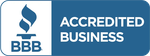 BBB Accredited Business badge in blue and white with torch logo and text