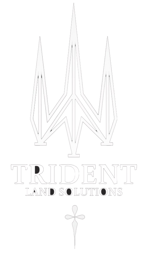 A thin-line drawing of a trident above the text "TRIDENT LAND SOLUTIONS" and a small cross-like symbol at the bottom.