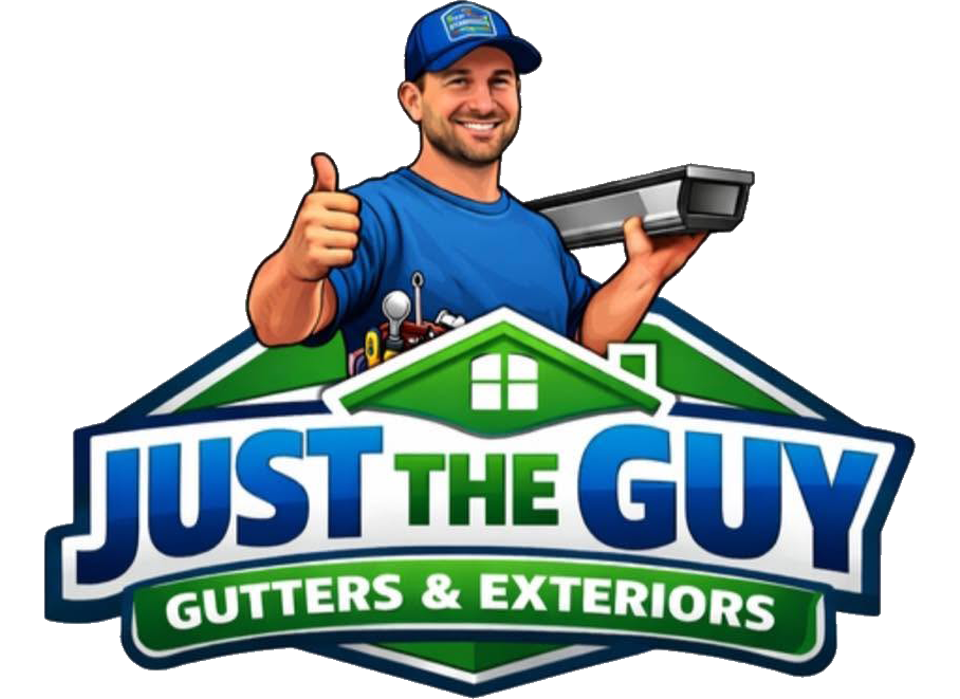 Logo of a gutter company: smiling worker in blue shirt and cap holding a gutter, with “Just the Guy Gutters & Exteriors” text
