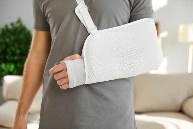 A man with a broken arm is wearing a white arm sling.