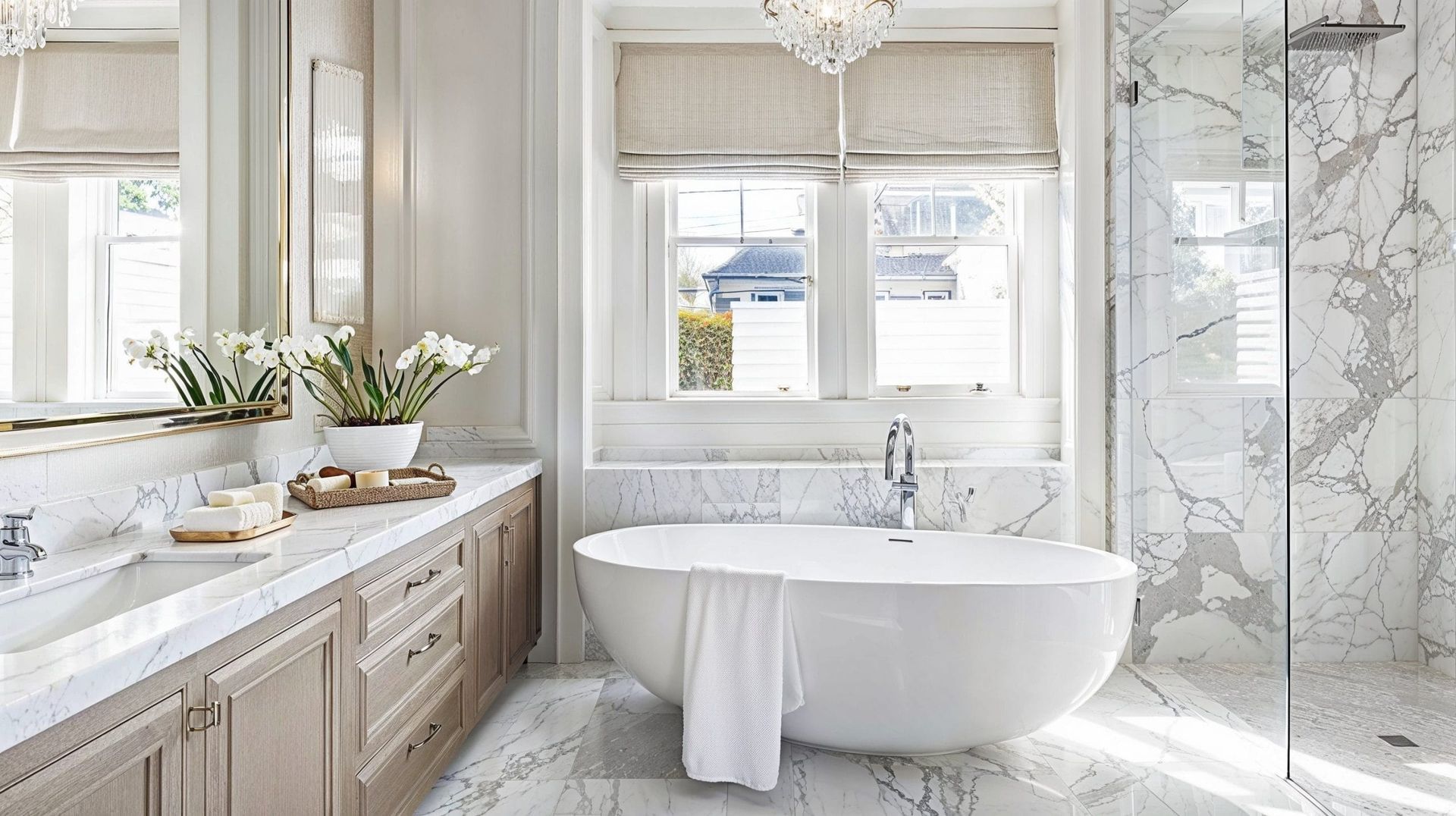 heated floor in beautiful bathroom remodel with stand alone tubad large wooden vanity with mirrors