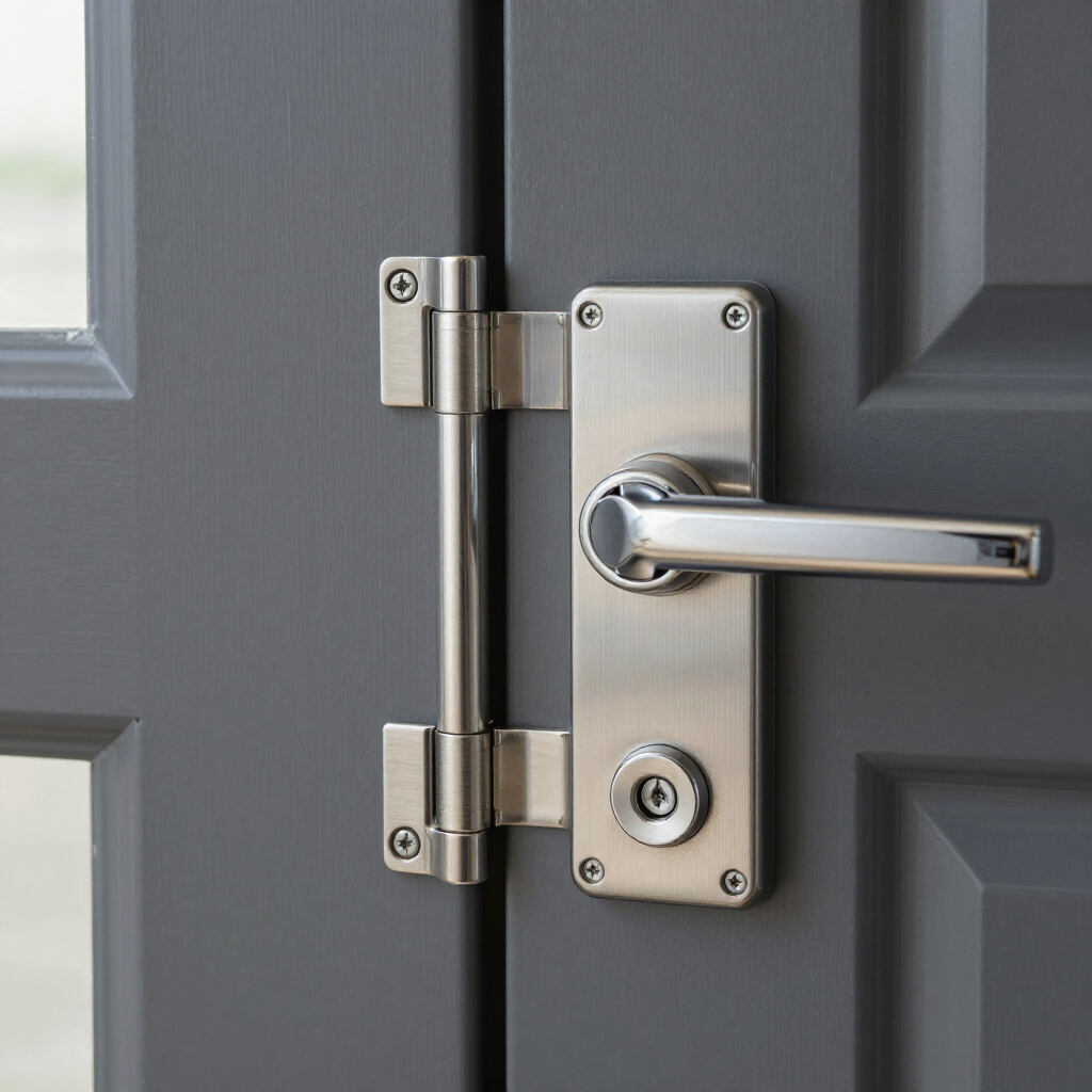 Close-up of a silver door handle and latch on a gray paneled door