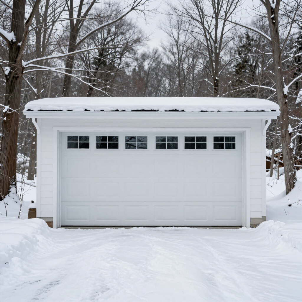 Snow-covered white garage with double doors in a wintery wooded yard