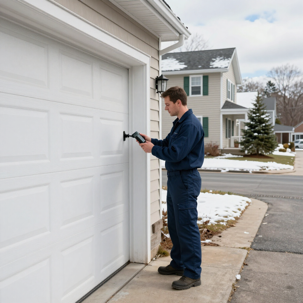 Person unlocking a white garage door beside a snowy suburban driveway