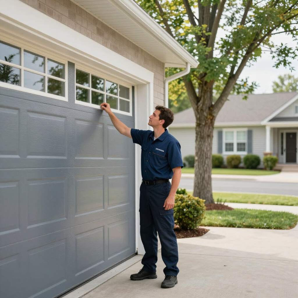 Man in navy work uniform painting a gray garage door in a suburban driveway