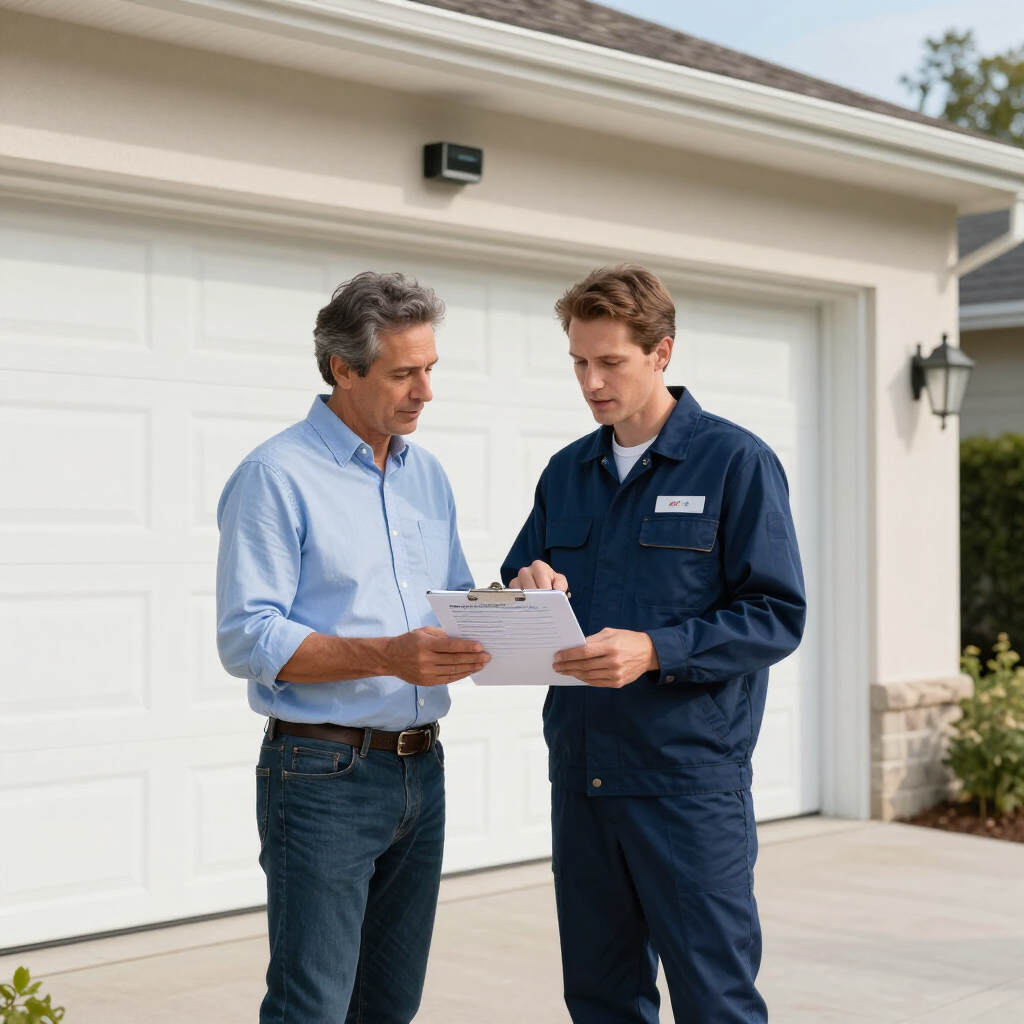 Two men reviewing paperwork outside a house garage