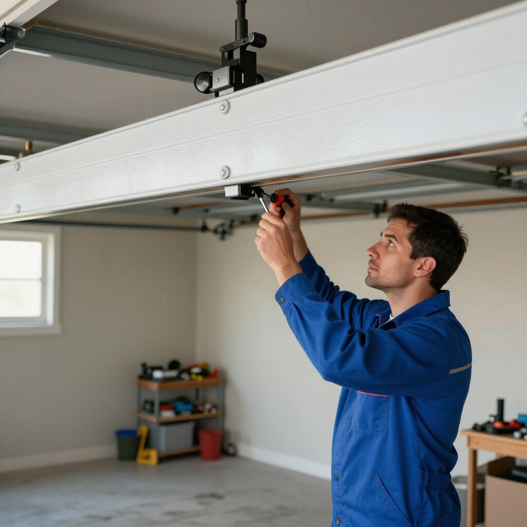 Technician adjusting a garage door opener in a bright garage