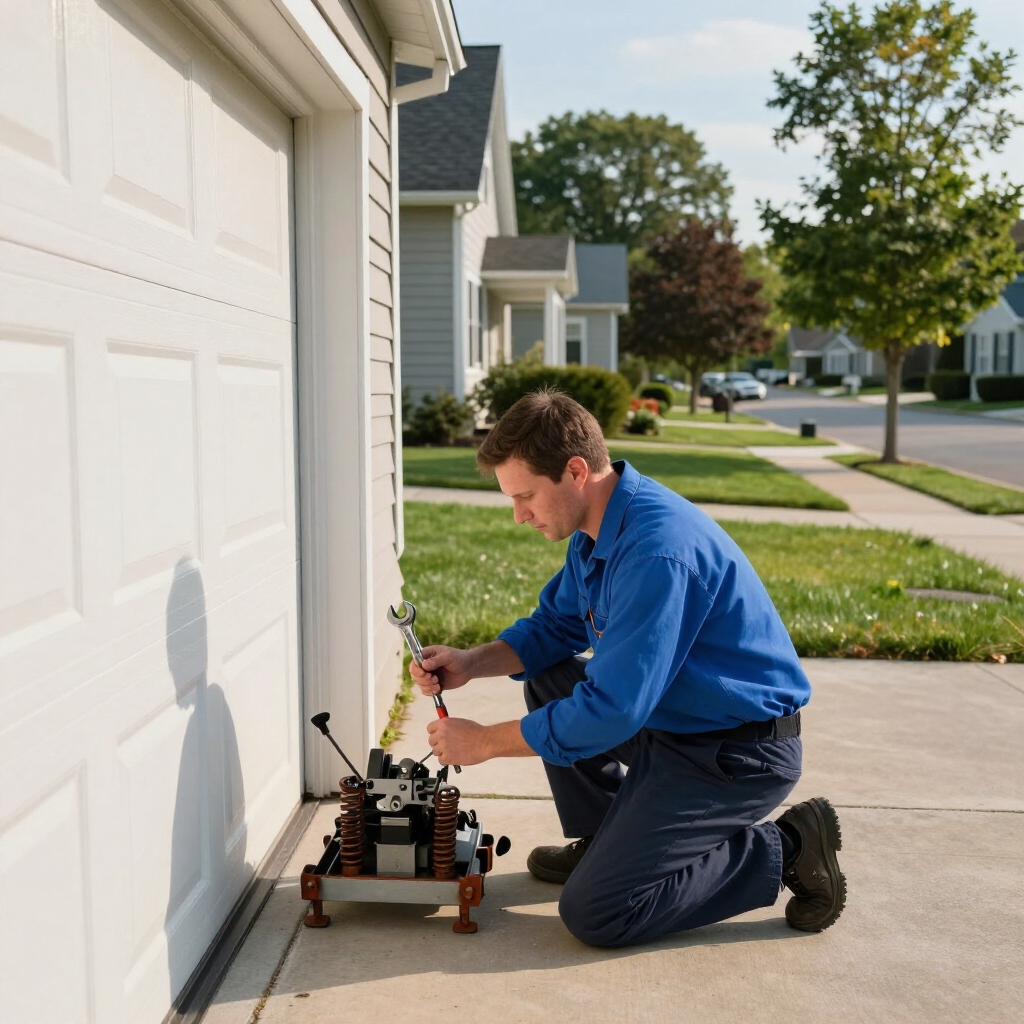 Man kneels by a garage door, adjusting a small robot on the driveway in a suburban neighborhood.