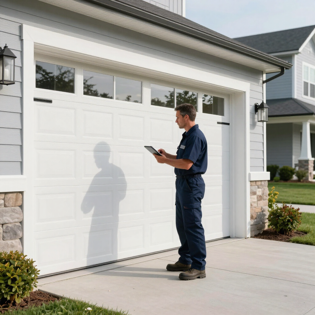 Technician inspecting a white garage door with a clipboard in a suburban driveway