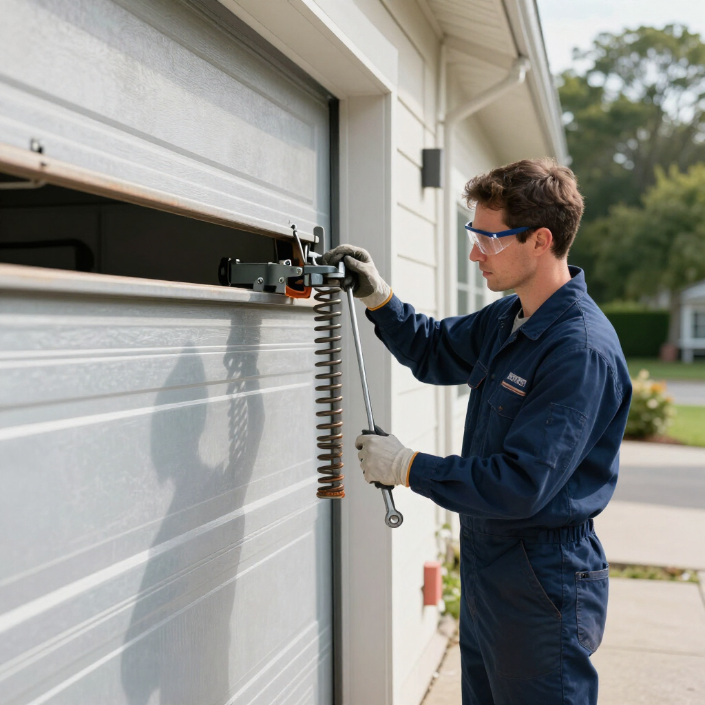 Technician installing a garage door opener on a white garage door.
