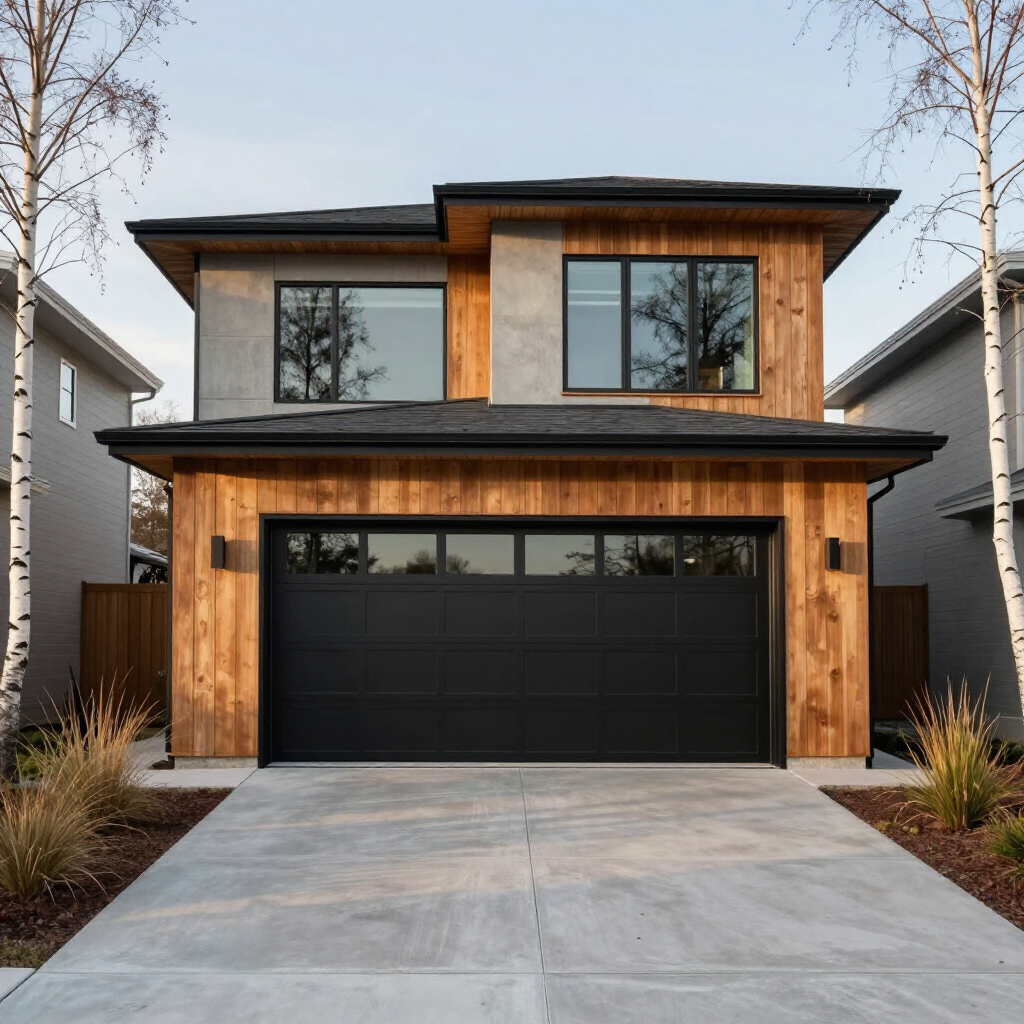 Modern two-story house with wood siding, black garage door, and a concrete driveway