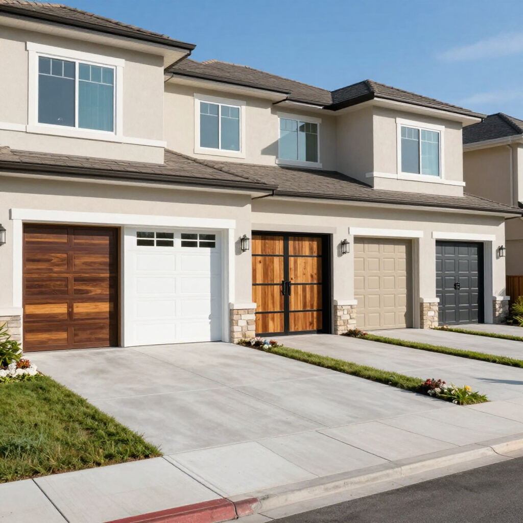 Row of modern suburban townhouses with three garage doors and a sloped concrete driveway