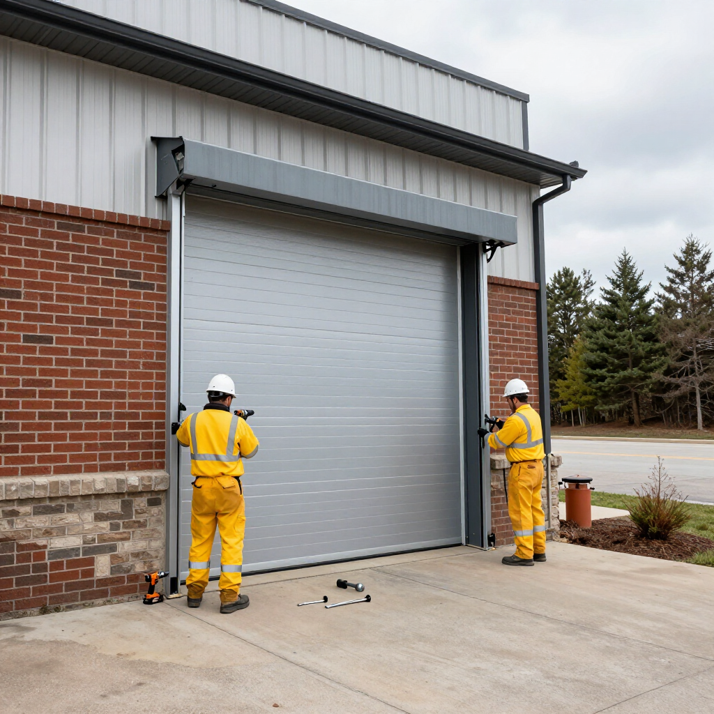 Two workers in yellow suits stand beside a closed gray roll-up door on a brick industrial building.