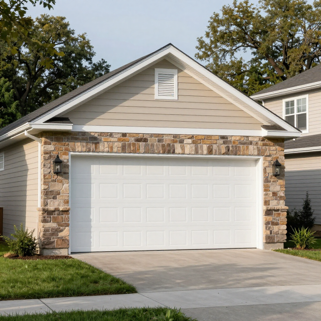 Suburban house exterior with a white garage door, stone trim, and a concrete driveway