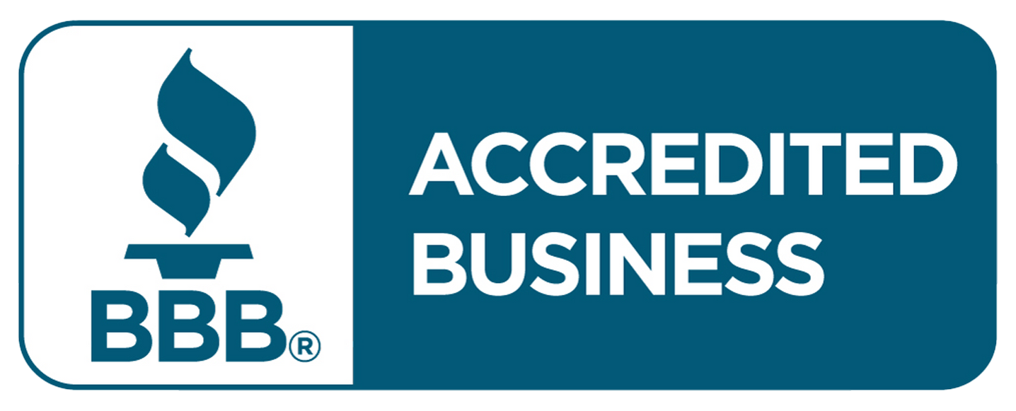 BBB Accredited Business badge in blue and white with torch logo