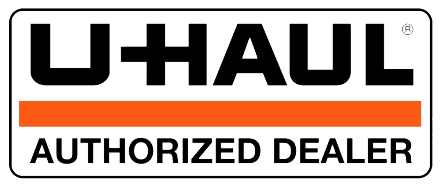 U-Haul Authorized Dealer sign with black logo and orange stripe on white background
