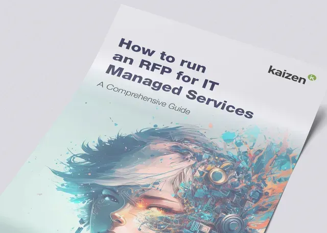 Book cover titled “How to Run an RFP for IT Managed Services” with a colorful abstract face illustration and Kaizen logo.