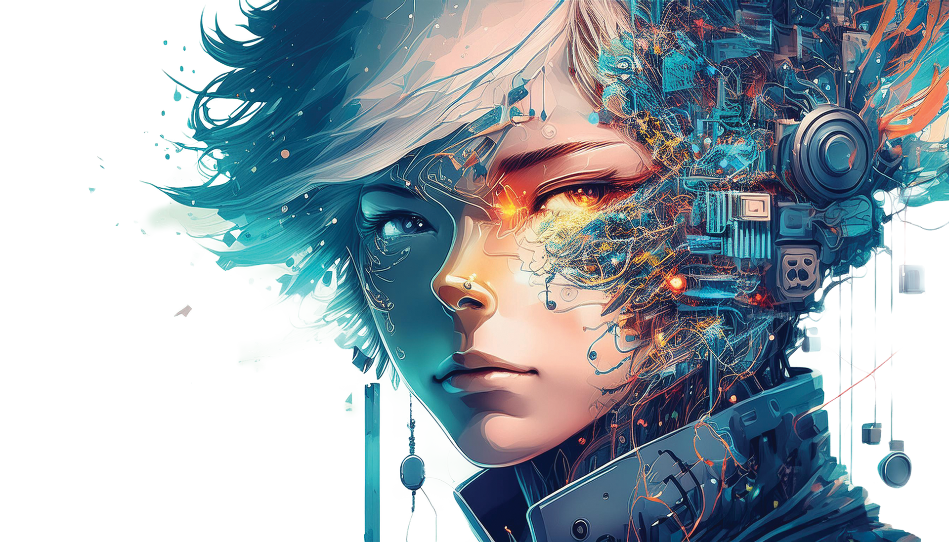 Stylized cyberpunk portrait of a person with teal hair and glowing mechanical facial elements