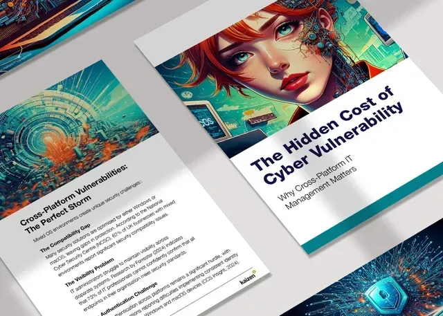 Two cybersecurity booklet covers on a desk, one titled “The Hidden Cost of Cyber Vulnerability” with colorful artwork