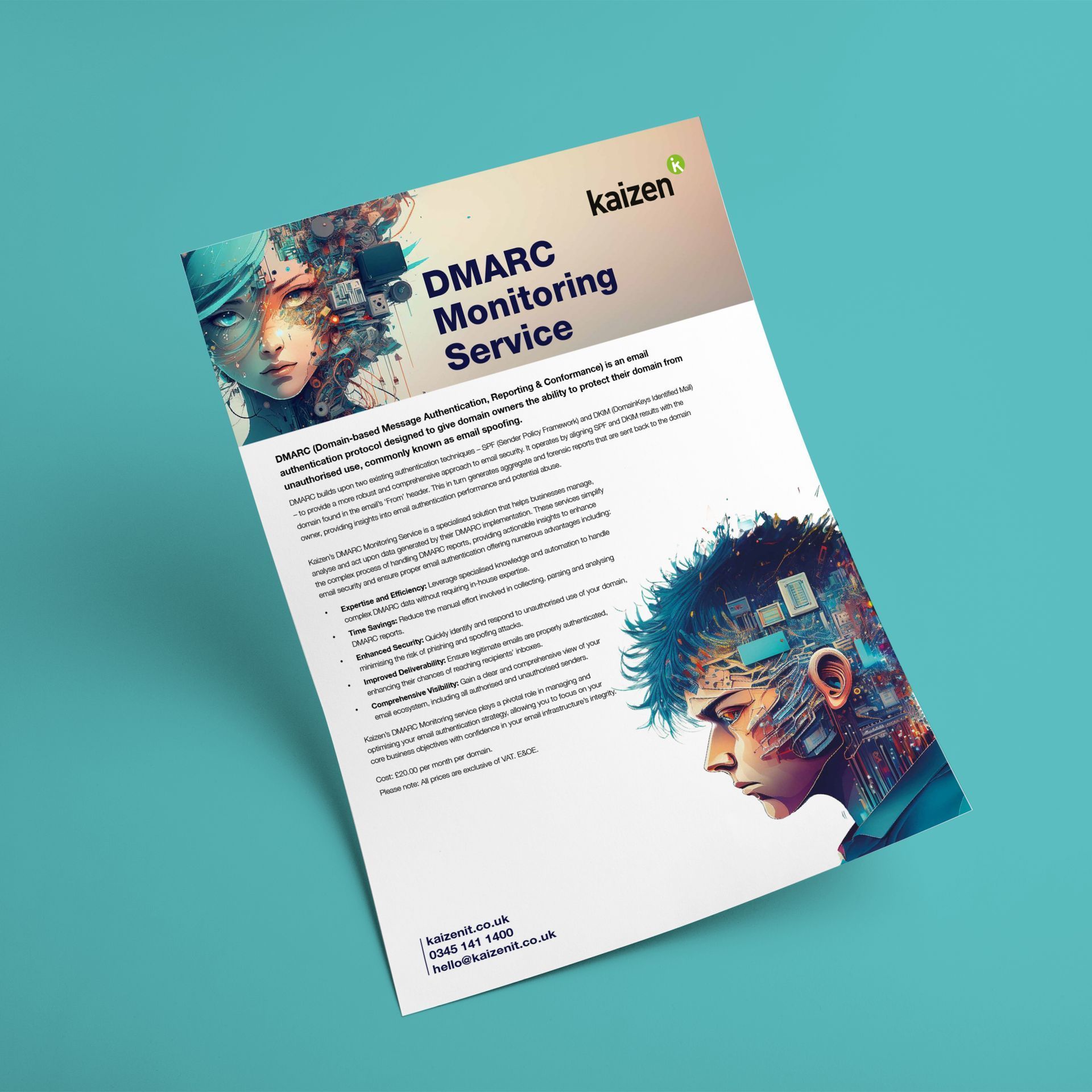 Diagonal brochure for “Dmarc Monitoring Service” with teal and white design and human face illustrations