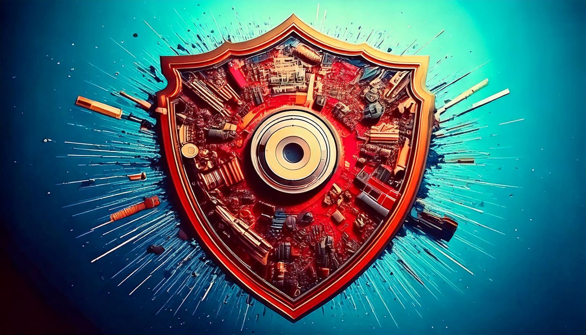 Red shield emblem with a central eye-like gear on a teal background, radiating energy lines