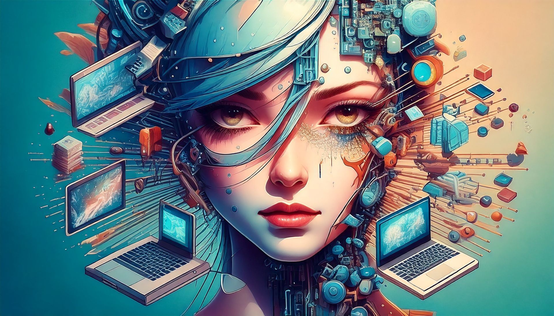 Stylized teal and coral portrait of a woman with glasses, surrounded by digital geometric elements