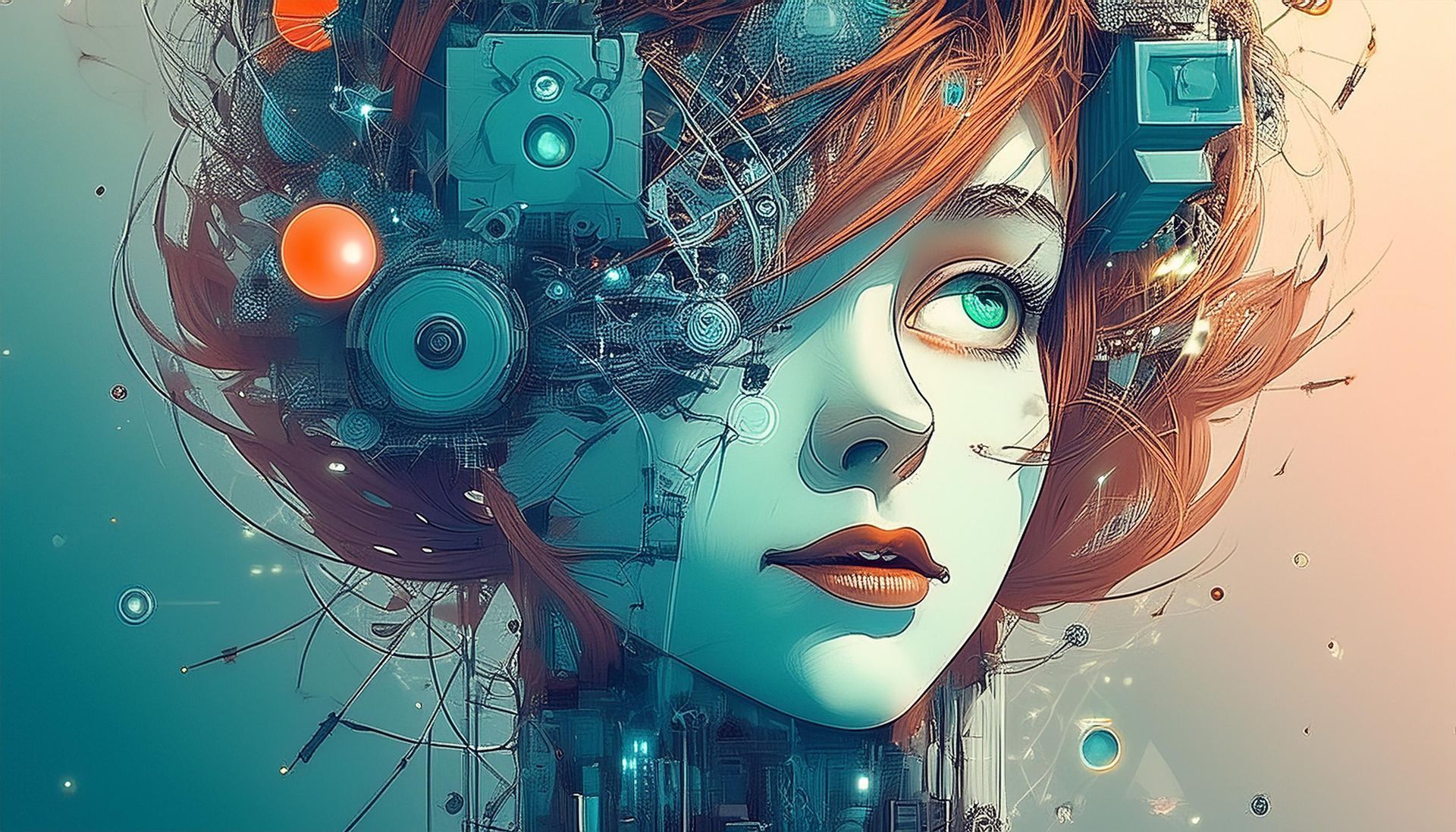 Stylized digital portrait of a woman with teal circuitry, orange hair, and a futuristic abstract background