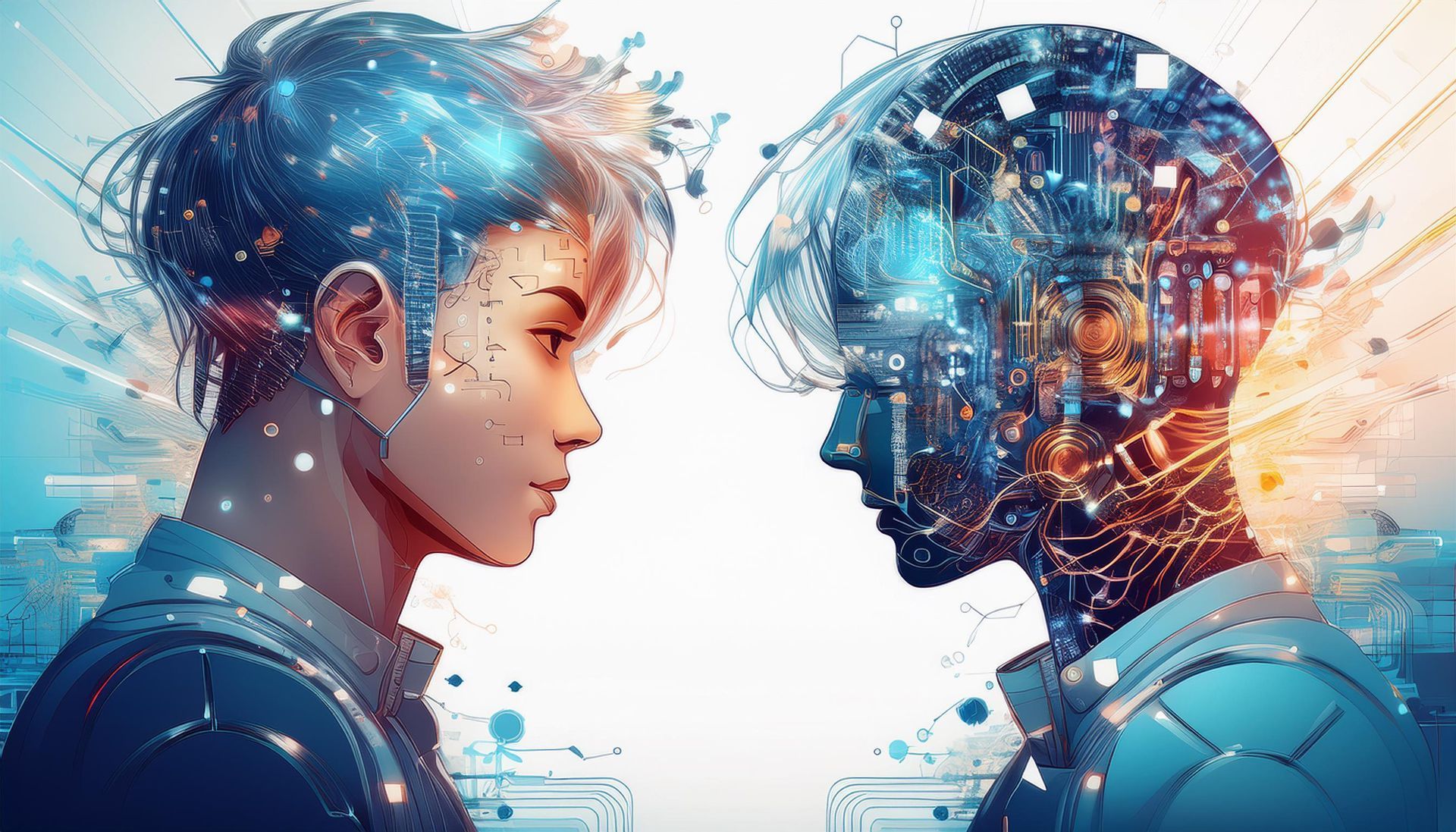 Two futuristic digital profiles facing each other, with blue and orange glowing data overlays.
