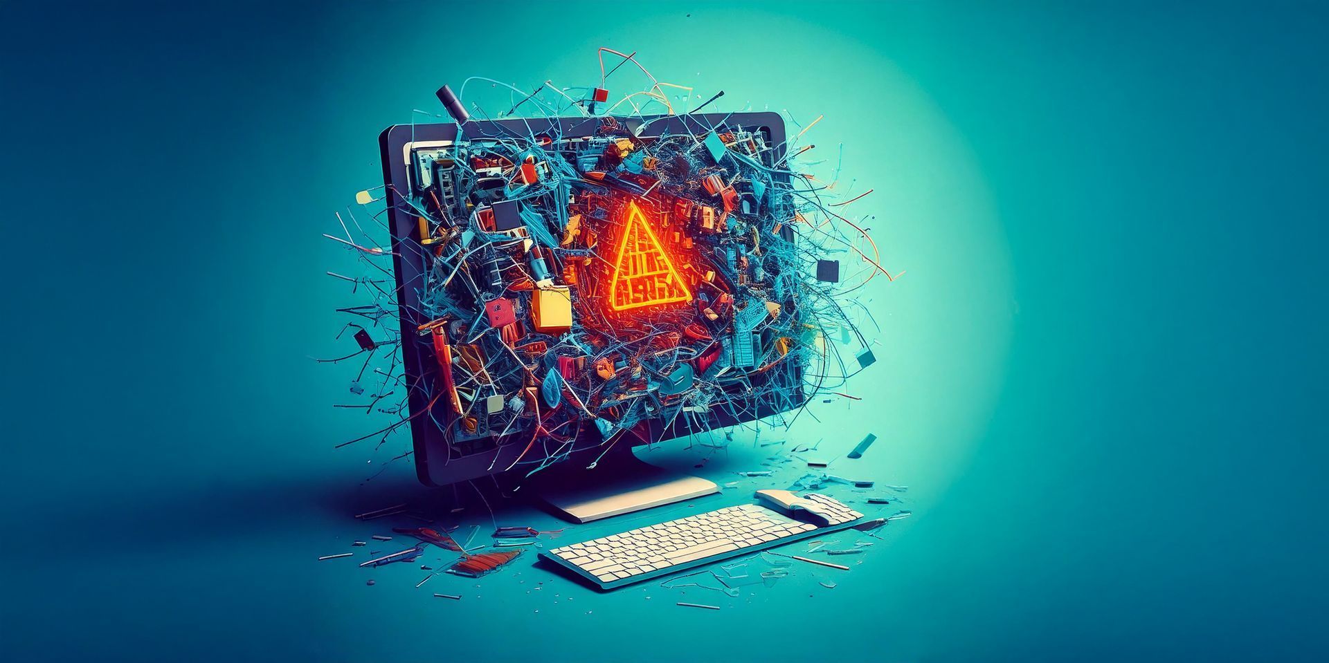 Glowing warning triangle on a cracked computer monitor with scattered debris and a keyboard