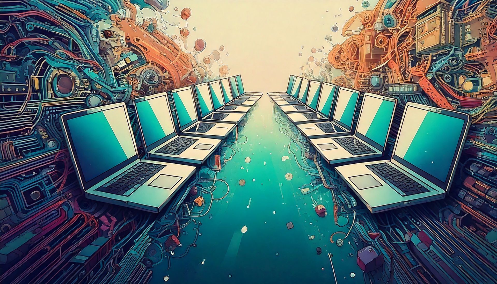 Stylized rows of laptops facing a bright central vanishing point with abstract teal and orange patterns