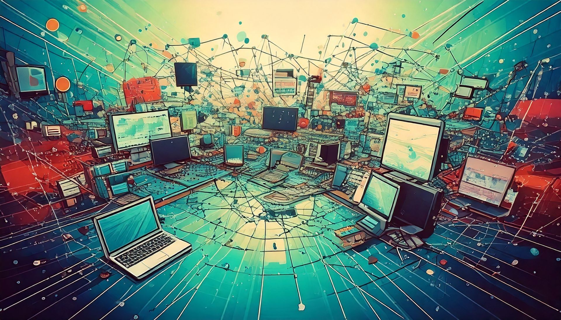 Abstract network of floating devices and data nodes in teal, red, and orange, with laptops in a digital grid