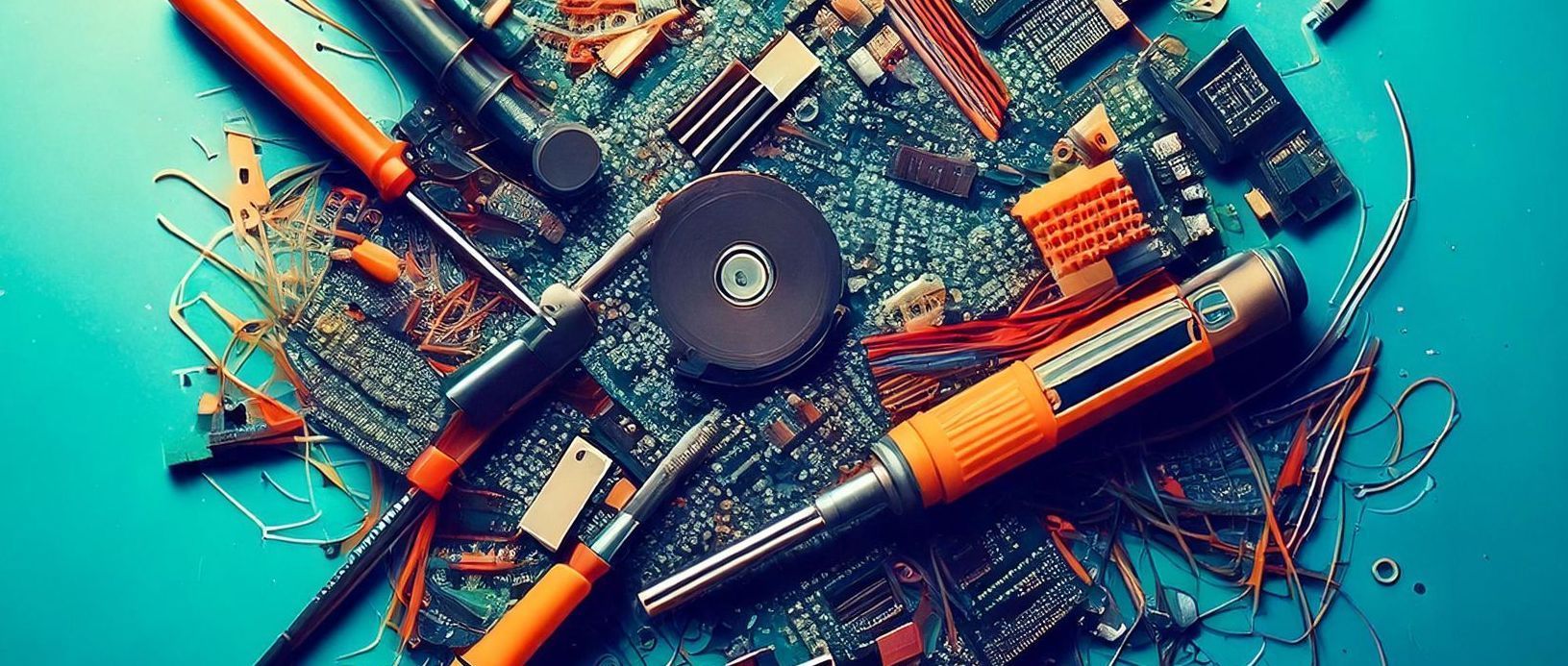 Scattered tools and electronic components on a teal work surface, with a screwdriver and cable ties.