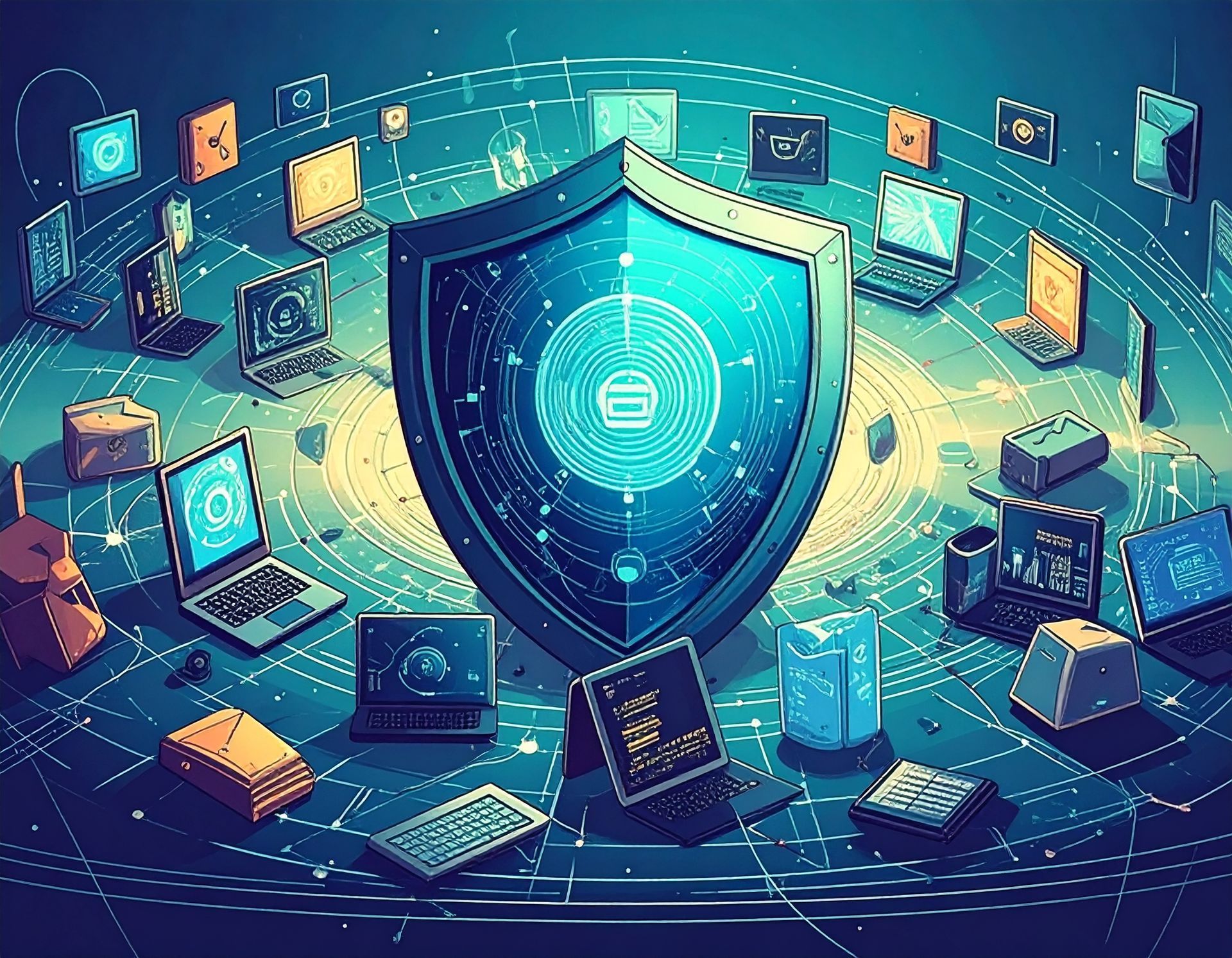 Digital shield icon glowing blue amid connected devices on a futuristic network background