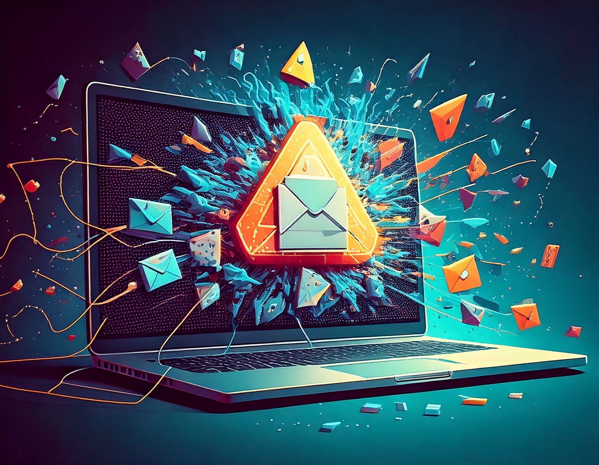 Glowing email envelope exploding from a laptop screen with colorful geometric shards
