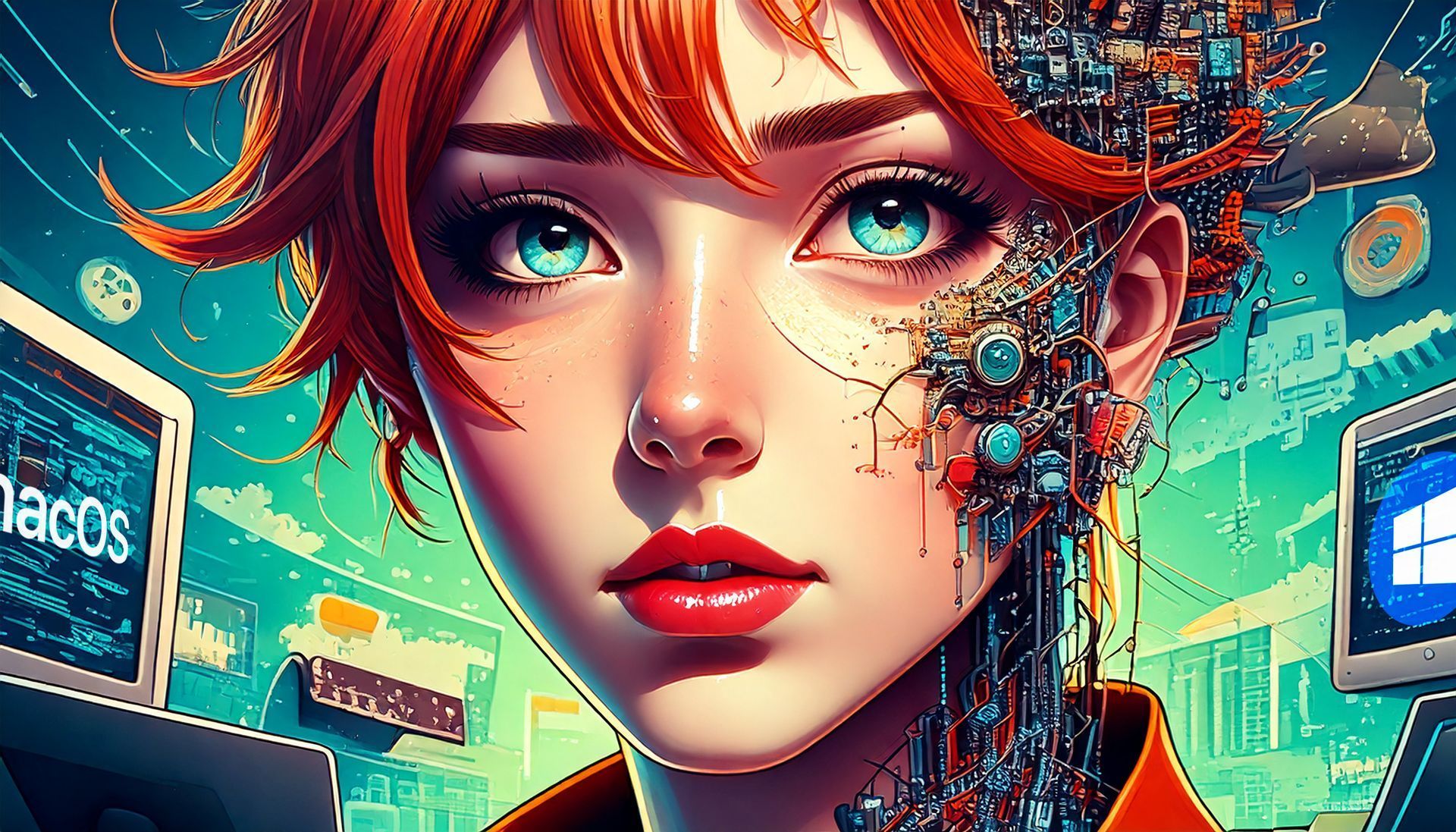 Stylized digital portrait of a red-haired person with glowing blue eyes in a neon, futuristic cityscape