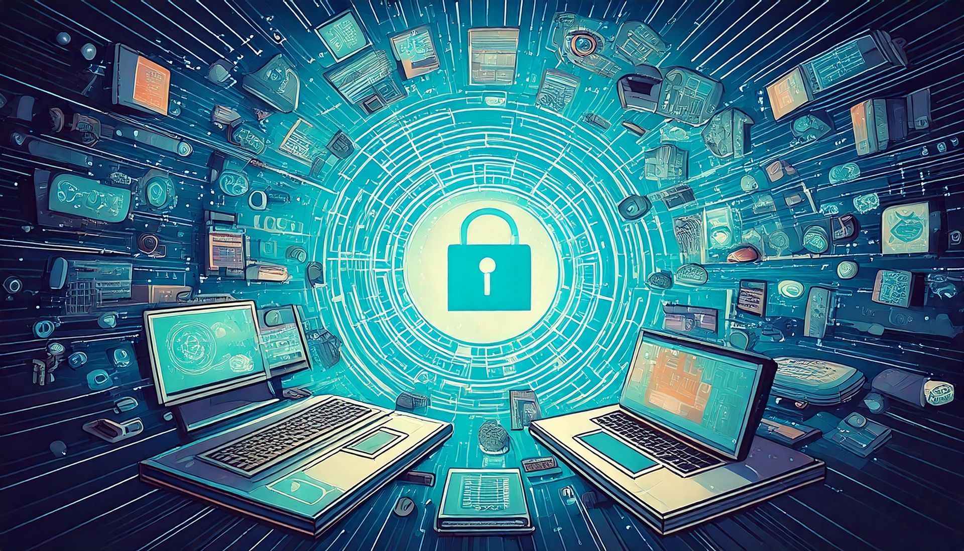 Cybersecurity illustration with laptops and devices surrounding a glowing padlock icon in a digital network