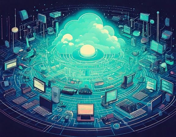 Futuristic glowing cloud network surrounded by connected computer screens and digital circuit lines