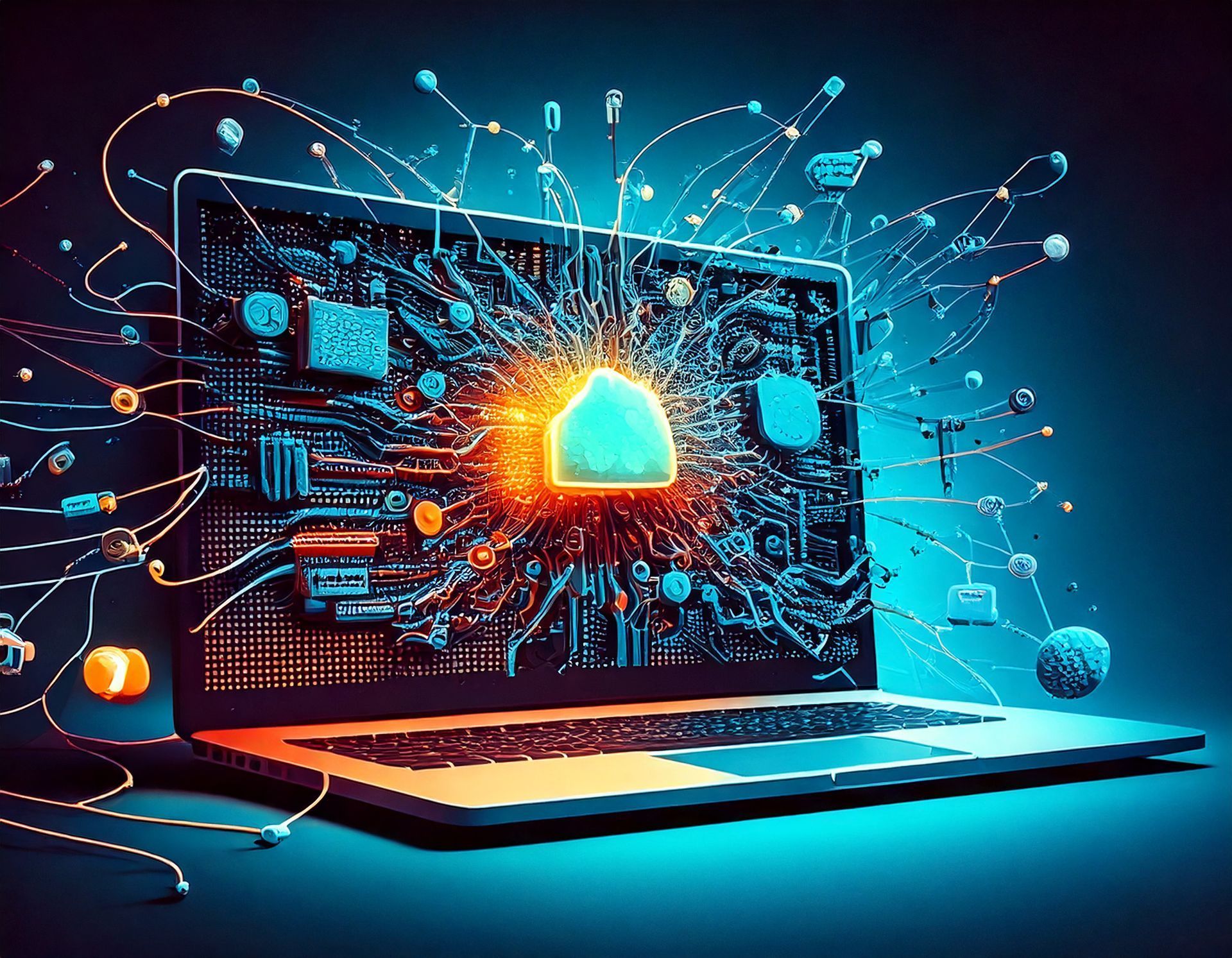 Glowing cloud icon on a laptop screen with data networks and digital connections around it