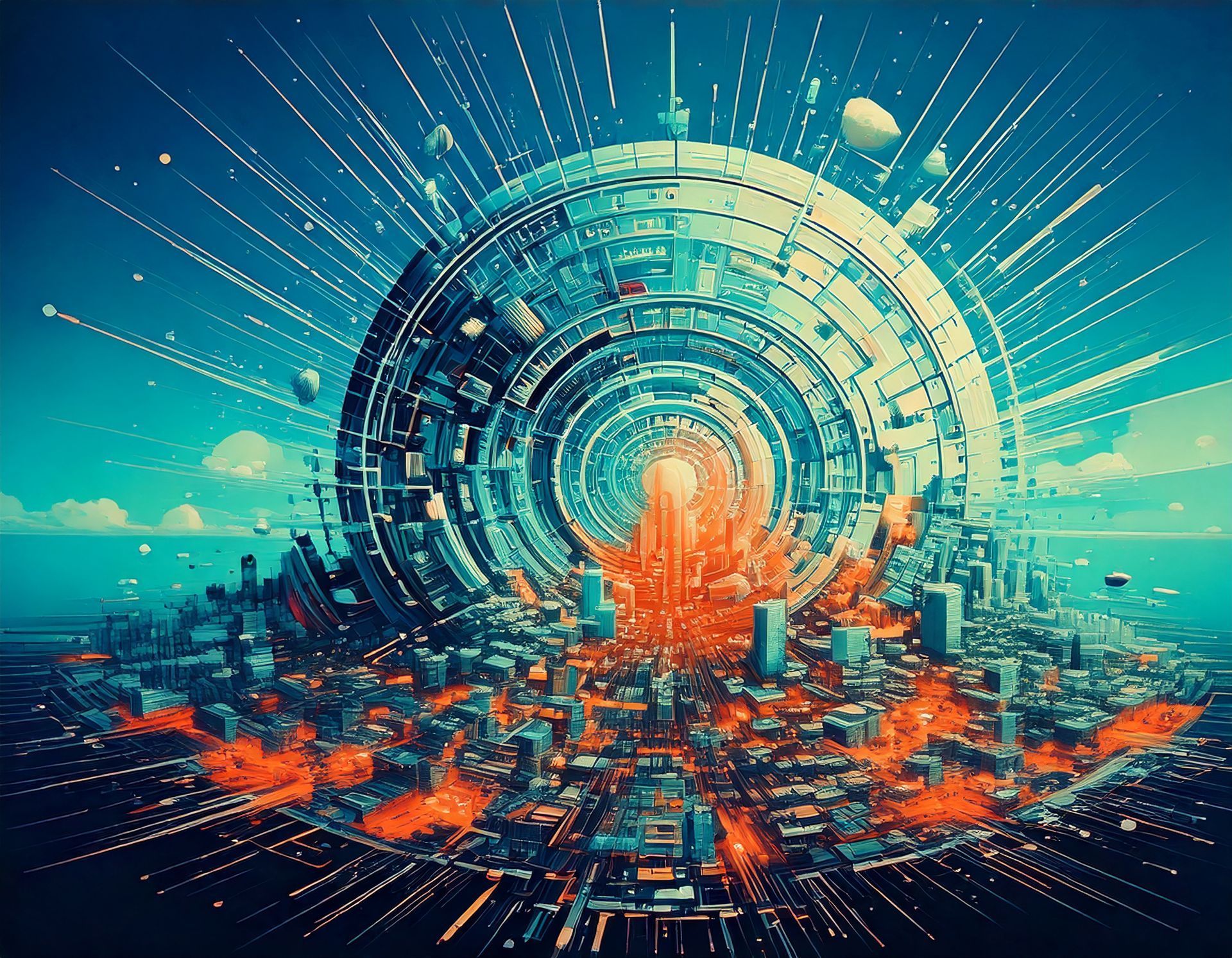 Abstract digital cityscape with glowing orange core inside a blue circular portal