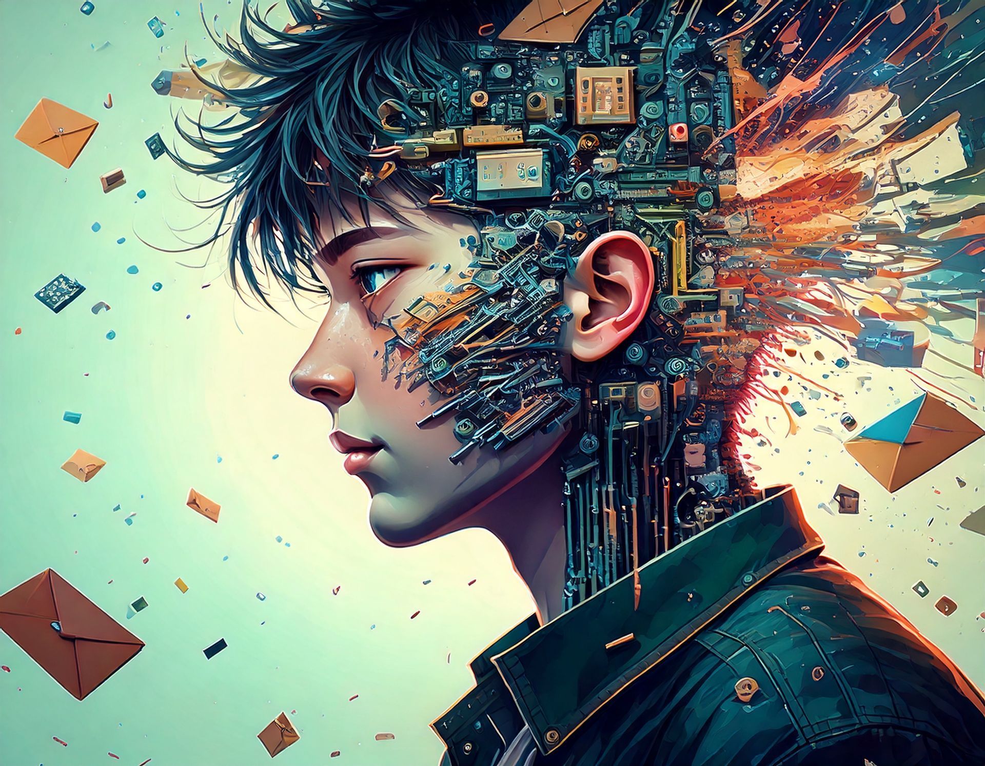 Profile of a cybernetic person with circuit-like head details, teal background, and floating geometric shards