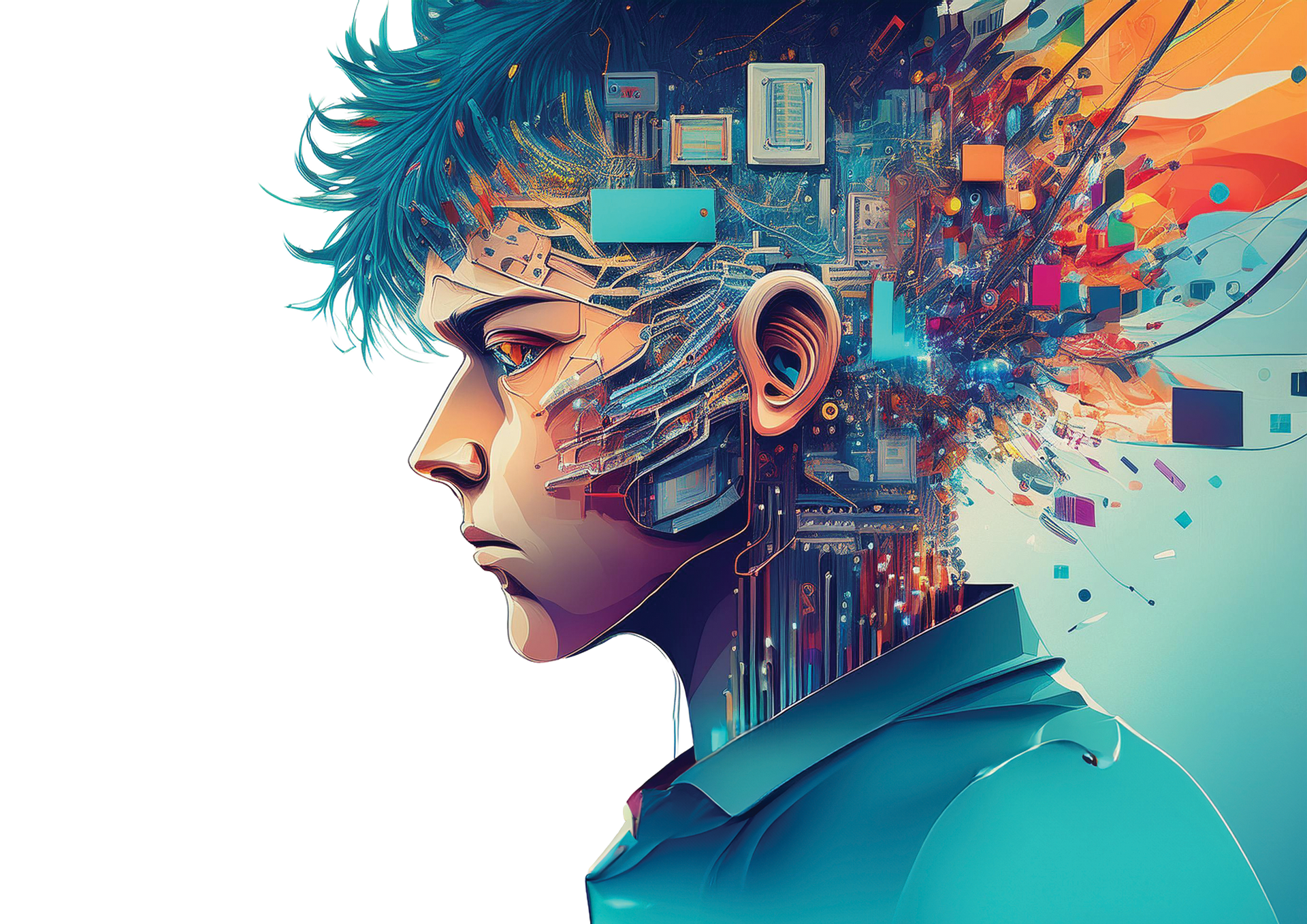 Colorful profile portrait of a person with digital circuitry and paint splashes