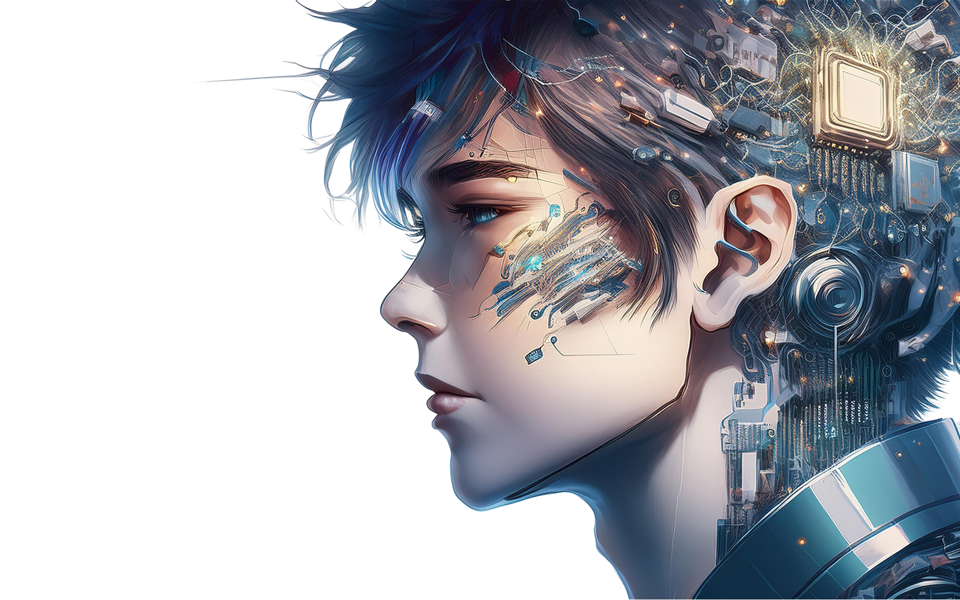 Profile portrait of a futuristic cyborg with blue hair and glowing circuit details against a white background